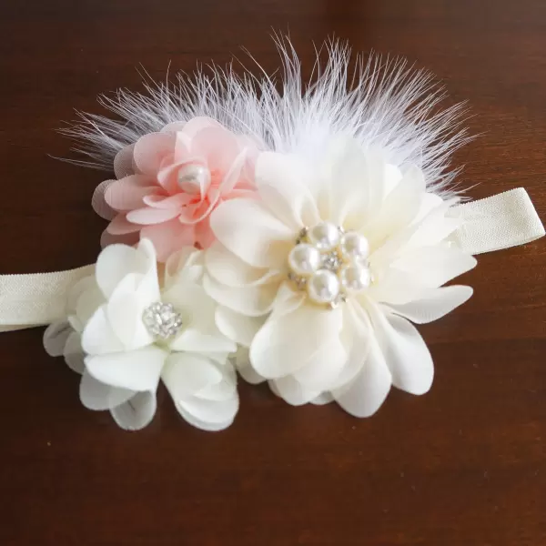 Ivory and Peach Hair Accessory with flowers, feathers and pearls