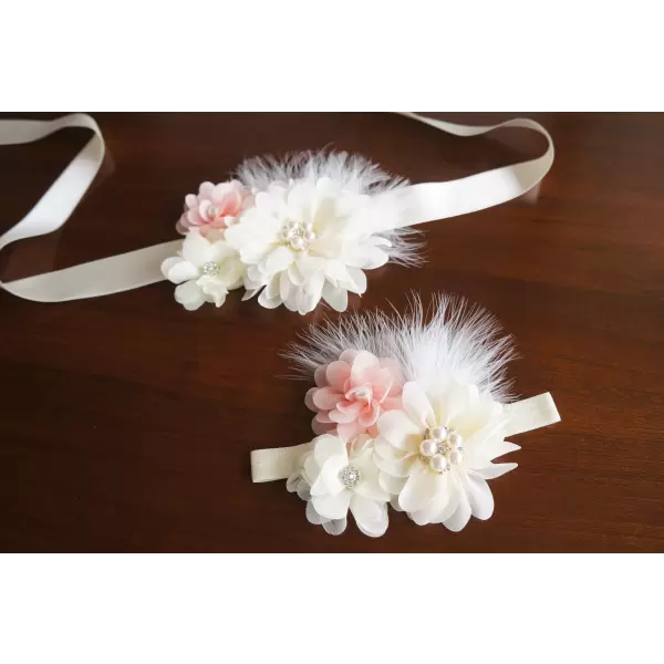 Ivory and Peach Hair Accessory with flowers, feathers and pearls