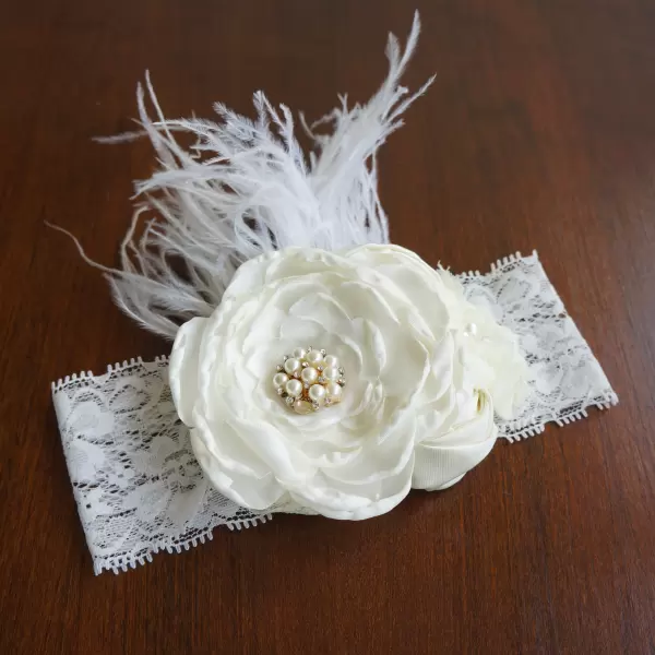 Ivory Headband with pearl center and feathers