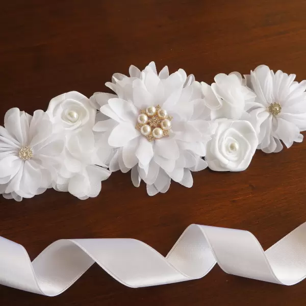 White flower sash with rhinestones and pearls