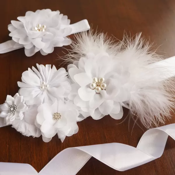White sash with flowers and feathers 