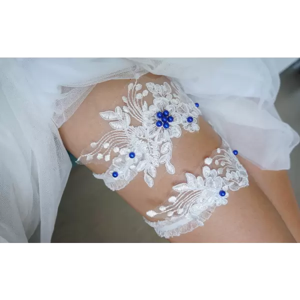 White wedding set lace garters with blue pearls