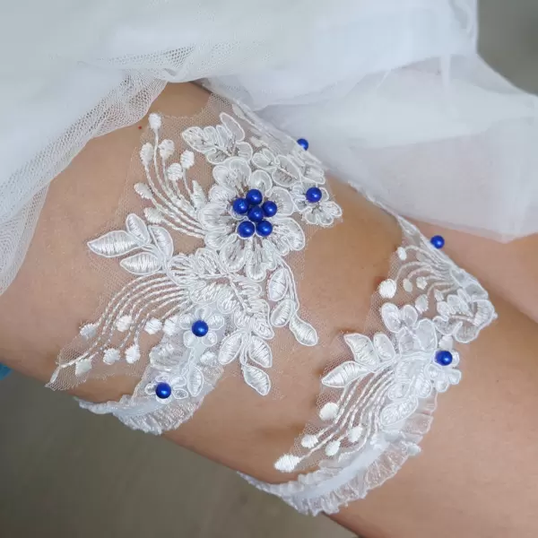 White wedding set lace garters with blue pearls
