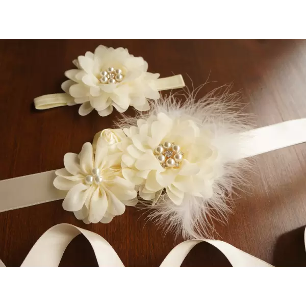 Ivory Flower Sash with Feathers
