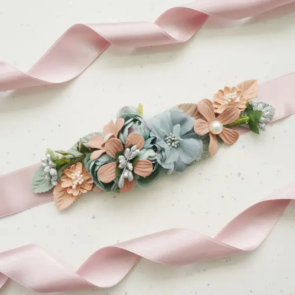 Flower Sash in blue and beige