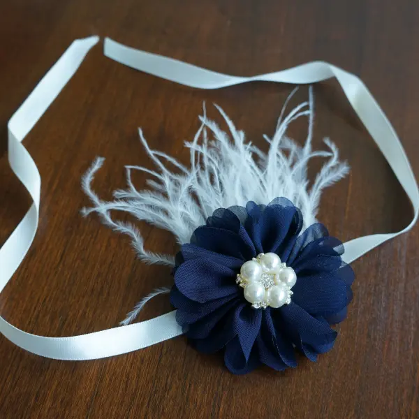 Bracelet with Navy Blue Flower with Pearl centre and Feathers  