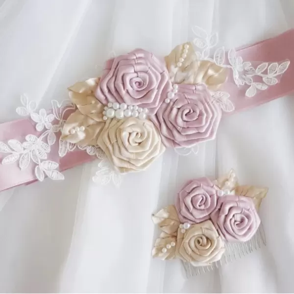 Handmade Satin Flower Sash with lace and pearls 
