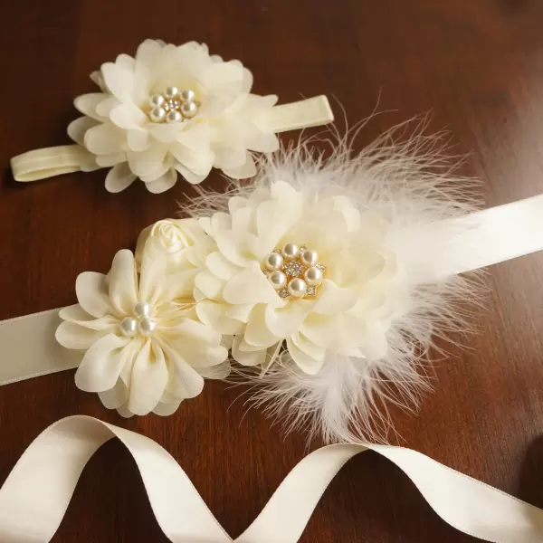 Ivory Flower Sash with Feathers