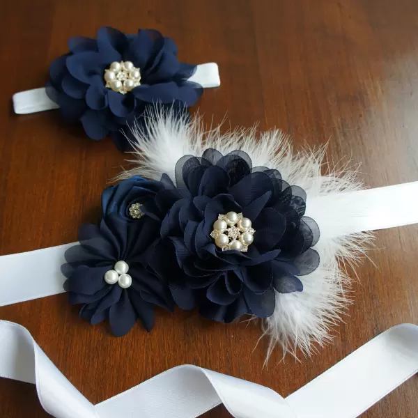 Navy Blue Flower Sash with Feathers