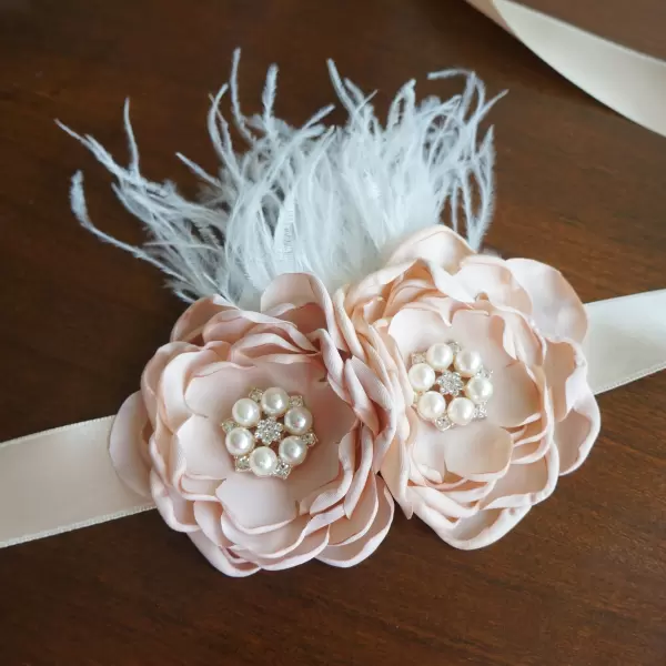 Champagne Satin Flower Sash with Feathers