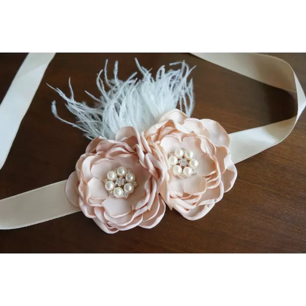 Champagne Satin Flower Sash with Feathers