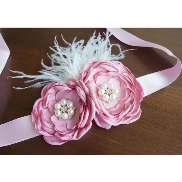 Dusty Rose Satin Flower Sash with Feathers