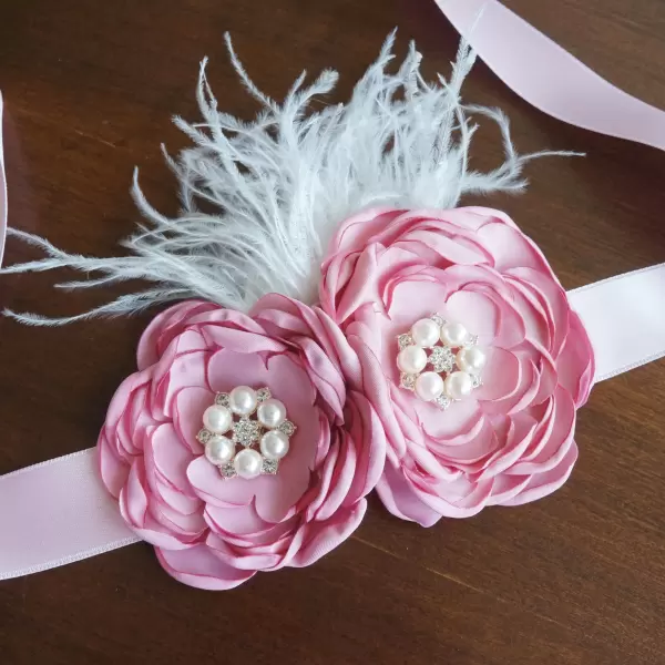Dusty Rose Satin Flower Sash with Feathers