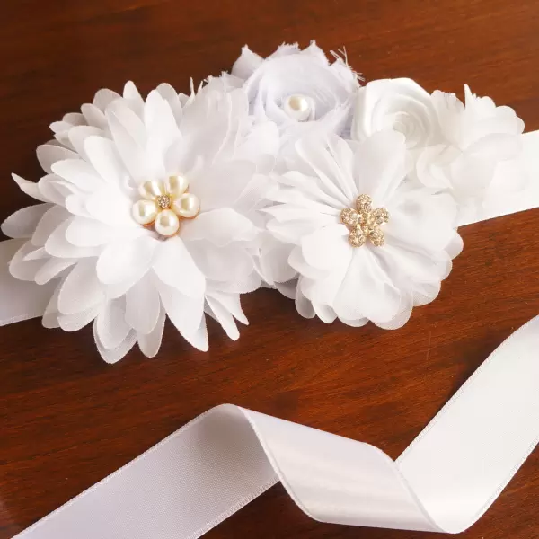 White Flower Sash with pearl and crystal center 