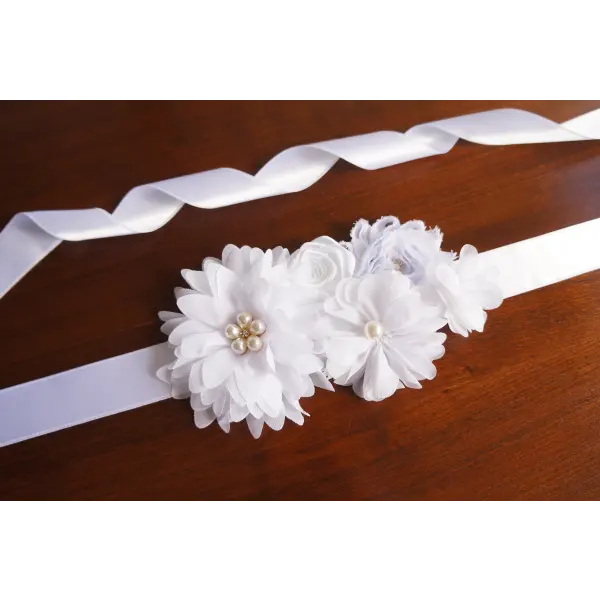 White sash with satin and chiffon flowers