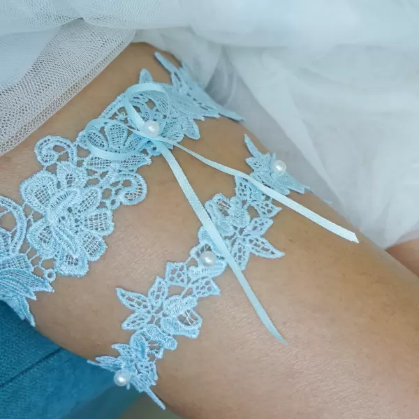Lace garter wedding set in light blue color with pearls