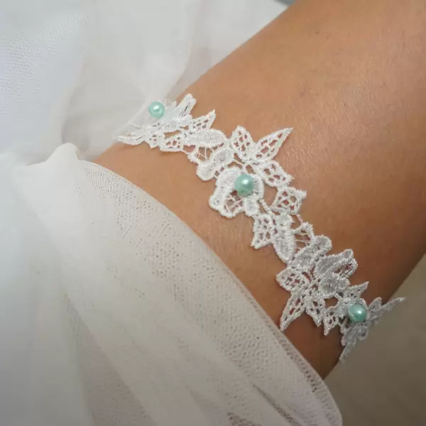 Wedding Lace Garter with Blue Pearls